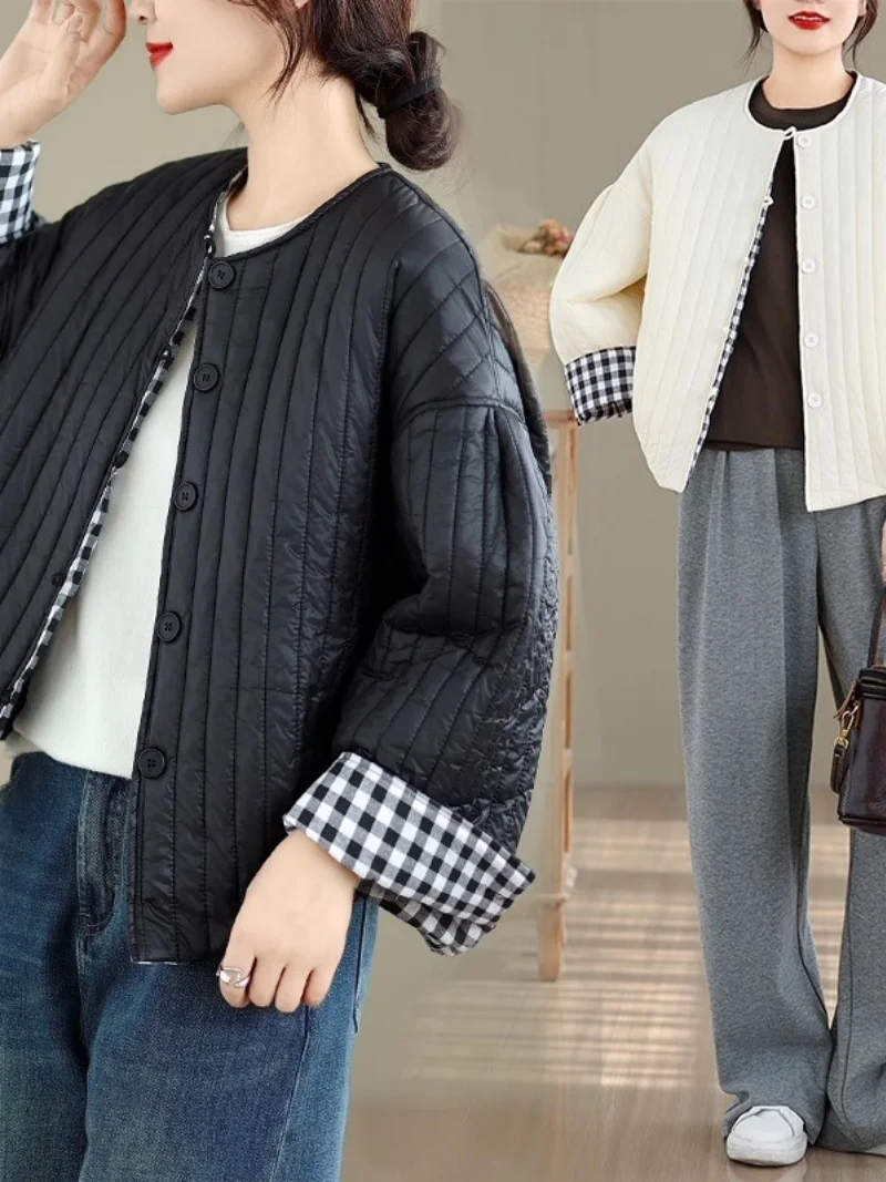Quilted Cotton Coat For Women In Autumn Winter Lightweight And WarmTop Casual Style Simple Solid Color Short Jacket W1235