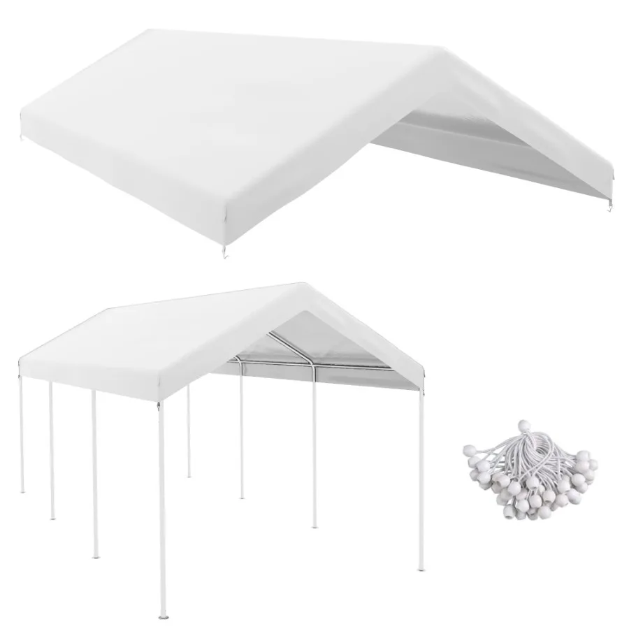 

10' x 20' Carport Replacement Top Canopy Cover Waterproof and UV Protected Garage Car Port Cover with Ball Bungee Cords White