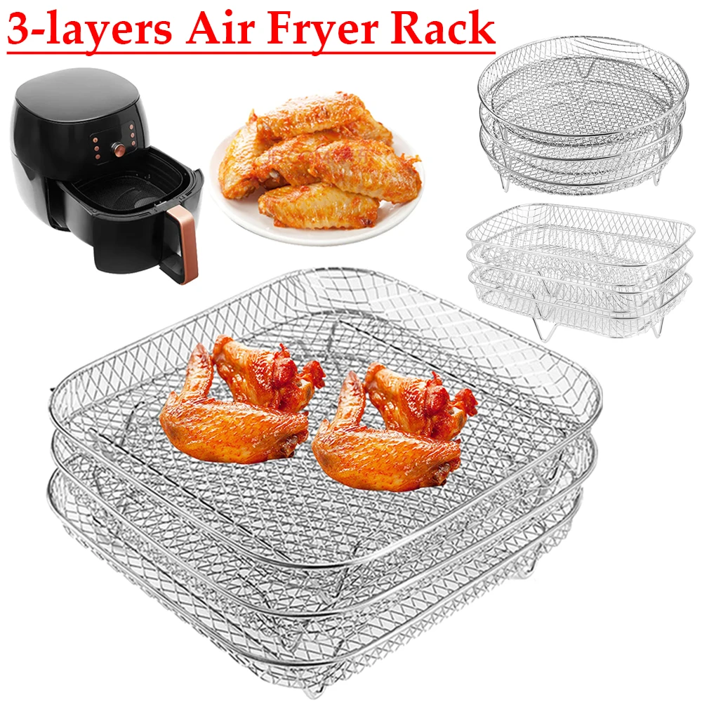 3-layers Air Fryer Rack Stackable Grid Grilling Rack Stainless Steel Anti-corrosion for Home Kitchen Oven Steamer Cooker Gadgets