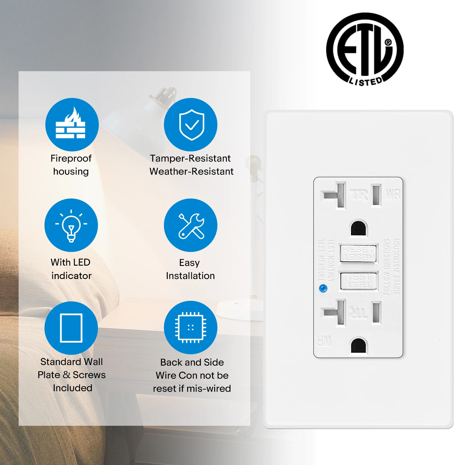 1PK-20PK 20AMP GFCI Outlet Tamper Resistant Receptacle With Wallplate Ground Fault Circuit Interrupter ETL Listed Safety Socket