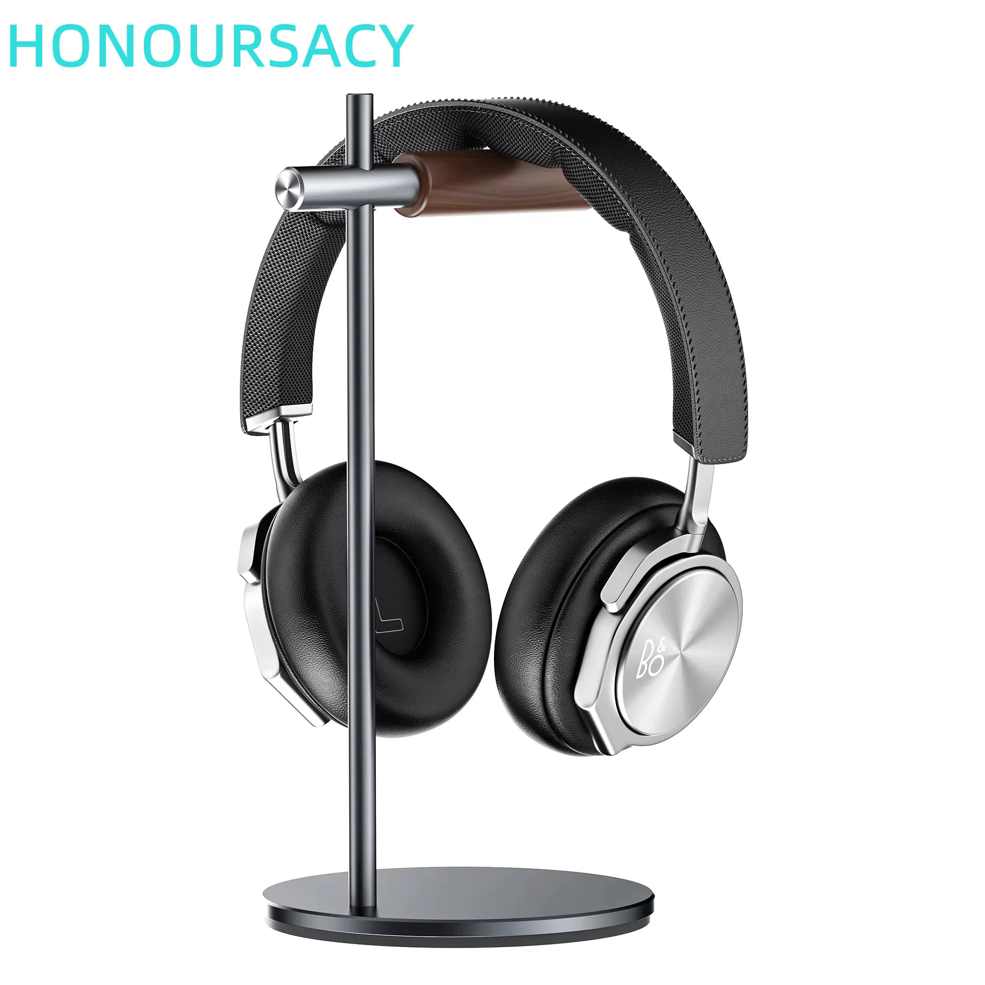 Black Walnut Wood & Aluminum Headphone Stand Nature Walnut Gaming Headset Holder with Solid Metal Base for Table Desk Display