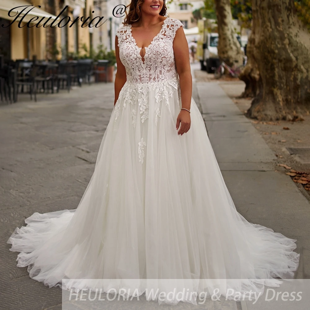 

HEULORIA plus size wedding dress v neck lace bride dress A line Robe De Mariee Wedding Bride Dress
