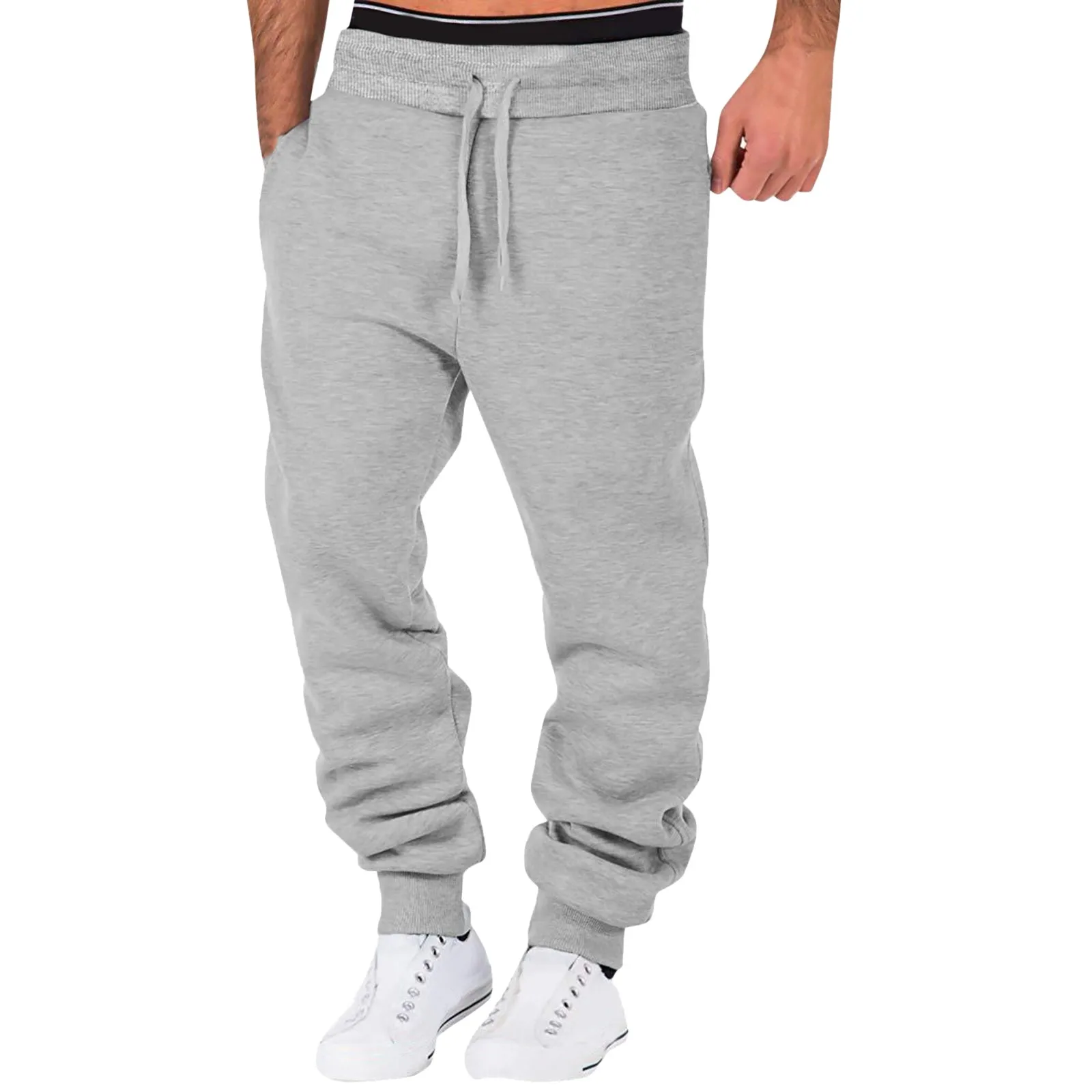 

Male Casual Fitness Running Trousers Drawstring Loose Waist Solid Color Pants Pocket Loose Fleece Pantalones Cargo Baggy