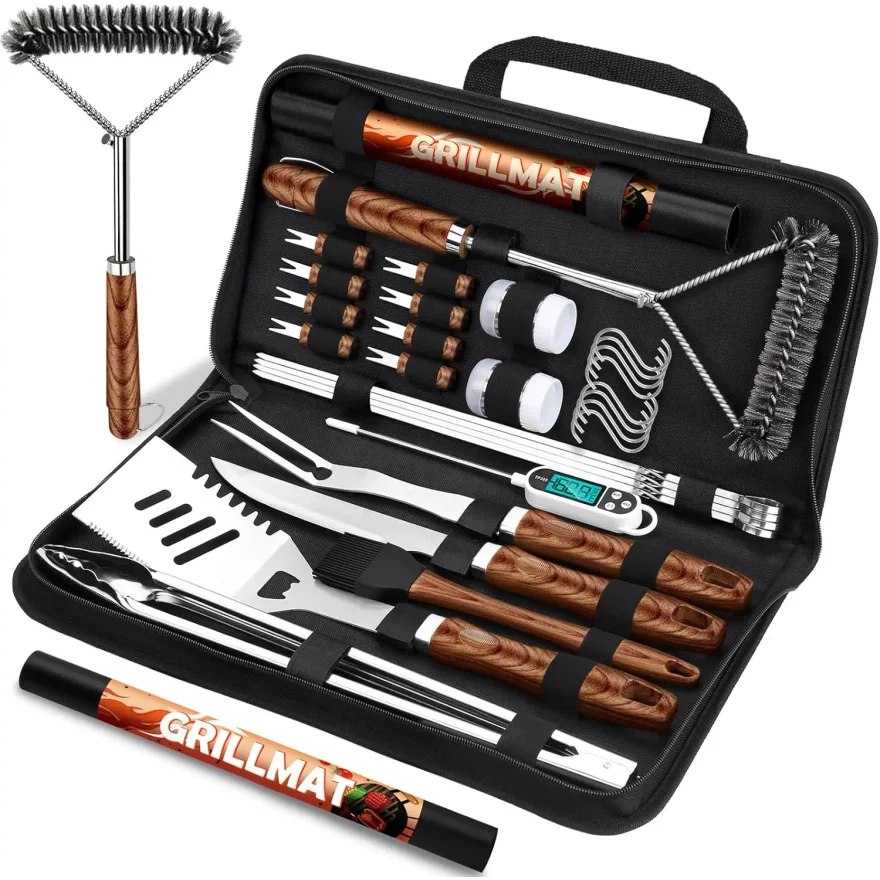 31pcs BBQ Grill Accessories Set, Heavy Duty Stainless Steel Utensils Kit with Mats and Brush in Carrying Bag