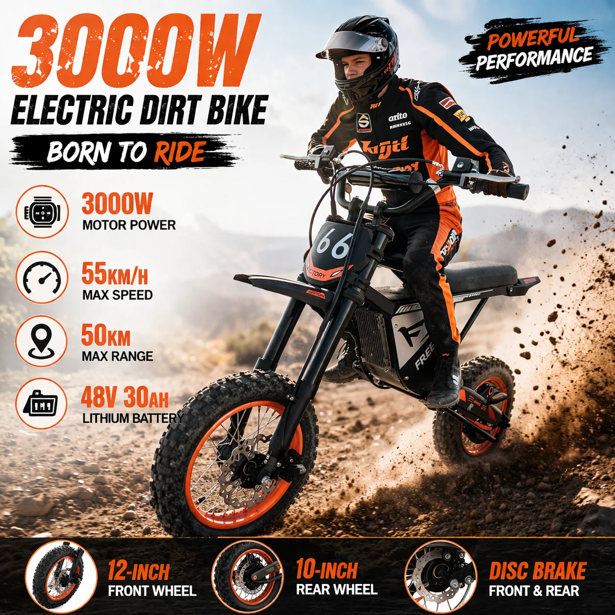 

FREEBOY Electric Dirt Bike for Teens, 3000W Electric Bike, 32mph, 48V 30Ah Battery, Off Road Electric Motorcycle