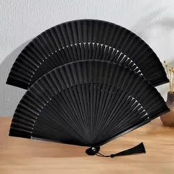 Japon siyah yelpaze çin Vintage bambu Shank klasik dans Fan püskül zarif kadın el fanlar ev dekoratif