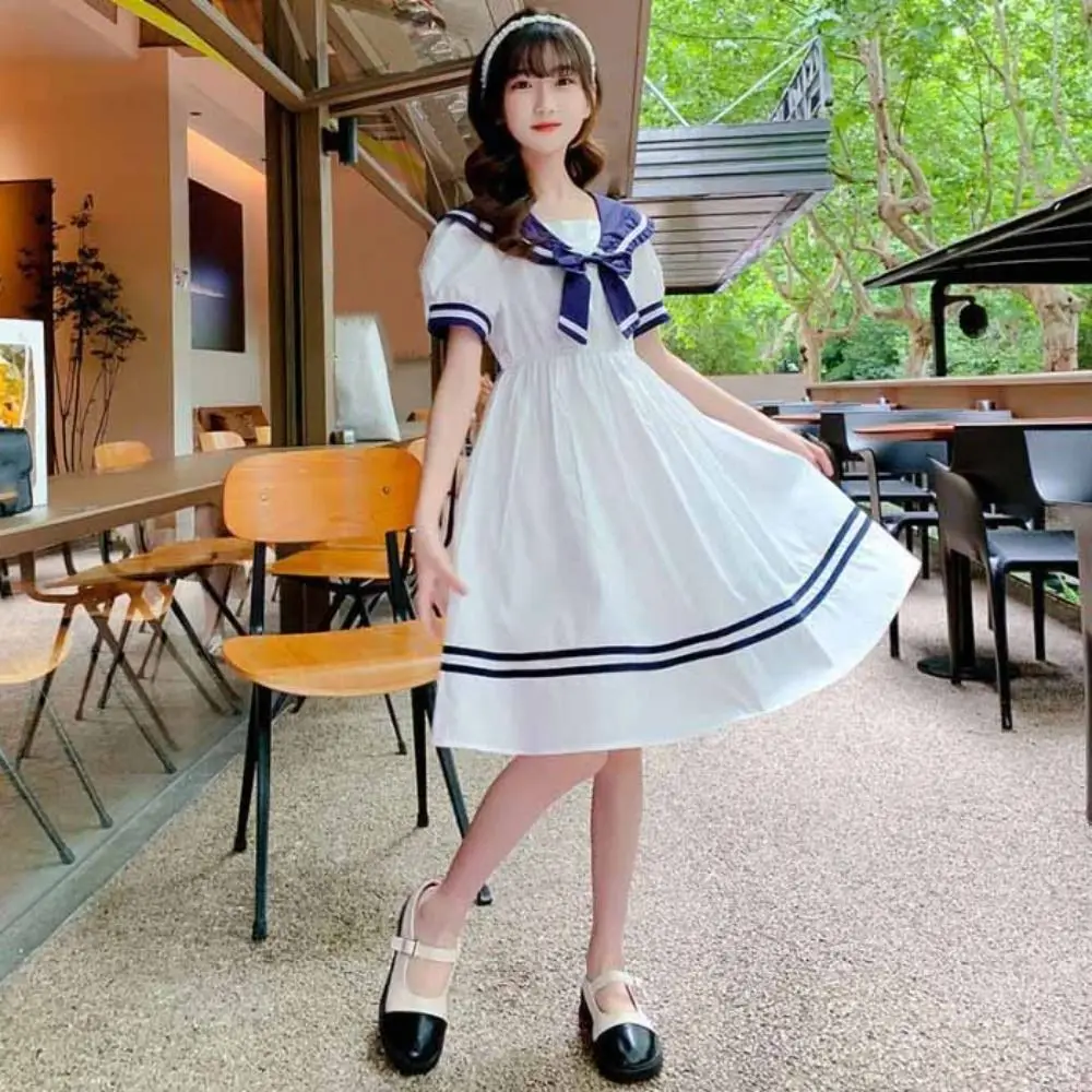 

Sweet Bow Girls Preppy Style Dress Teenagers Pleated Summer Kids Dresses Beach Vacation Party Children Princess Dress Summer