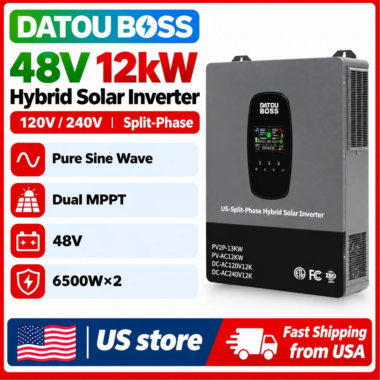 DATOUBOSS 12000W Hybrid Solar Inverter, 48V Split Phase Pure Sine Wave Inverter With Dual MPPT, 220A Charger, 500V PV Input, Grid-Tie Off-Grid, Supports 6 Units Parallel US store