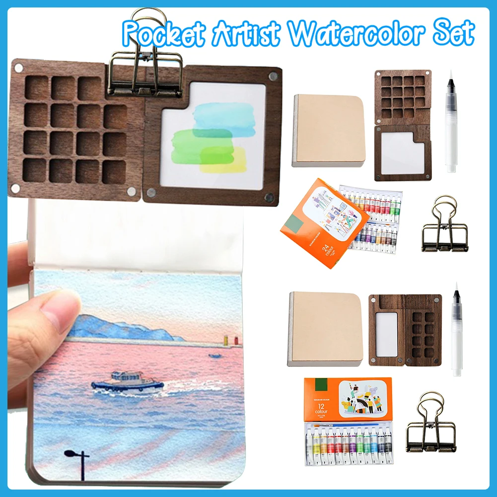 Travel Paint Palette Mini Pocket Artist Watercolor Palette Set Portable Watercolor Set Wooden Grid Paint Box Gift for Kids Toys