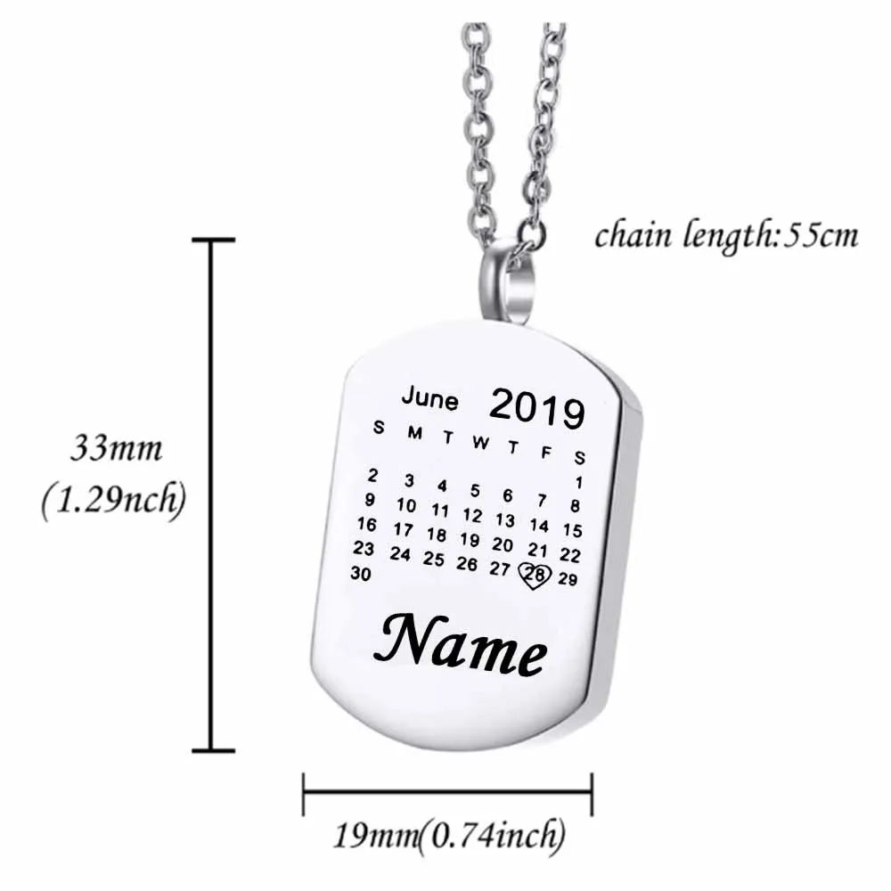 Cremation jewelry urn necklace square photo custom pendant stainless steel calendar custom ashes jewelry keepsake gift