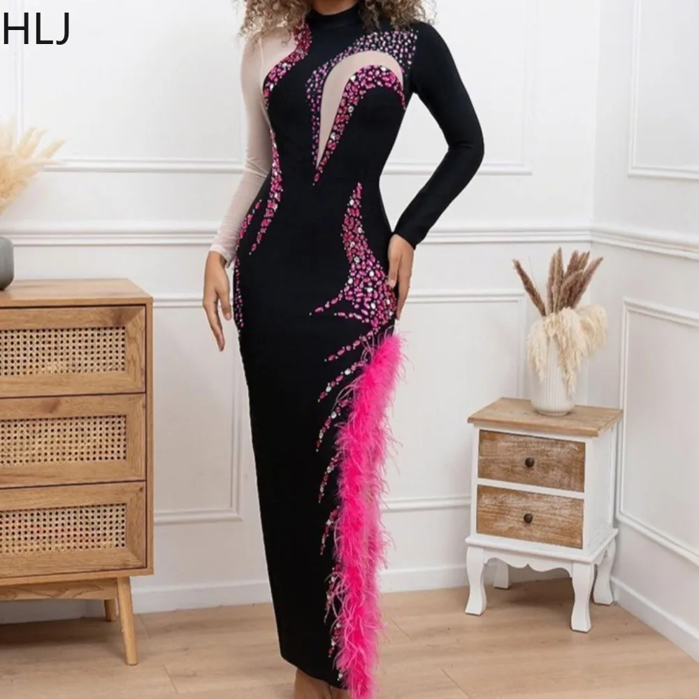 

HLJ Sexy Mesh Rhinestone Bodycon Dresses for Woman See Through Long Sleeves Fur Patchwork Dress Female Streetwear Vestidos New