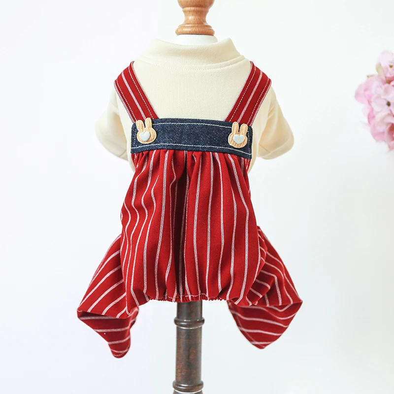 1PC Pet Apparel Dog Spring and Autumn Wine Red Striped Four legged Pants Rabbit High Waist Strap Pants For Small Medium Dogs