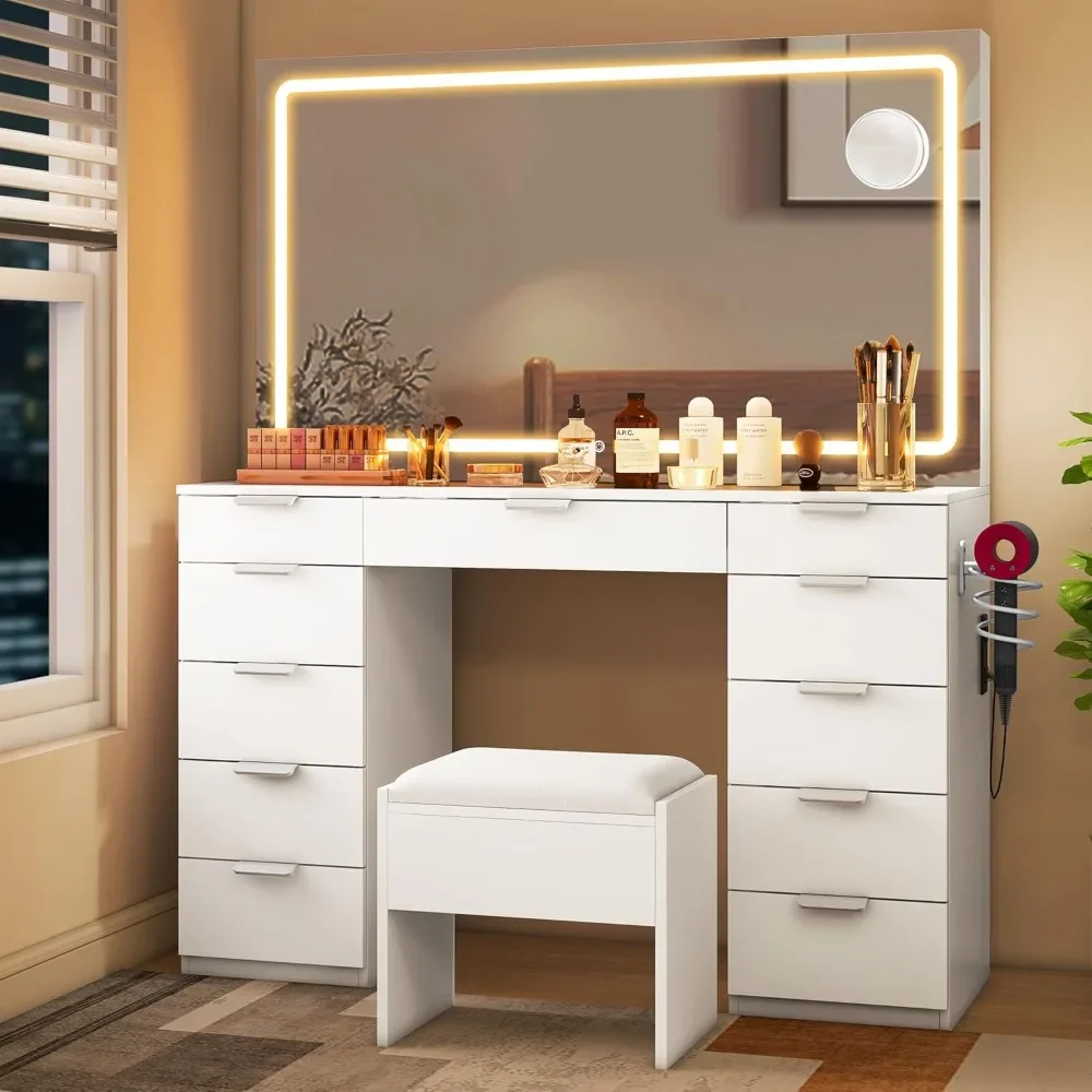 YITAHOME Vanity Desk Set with Large Lighted Mirror and Power Outlet, 46