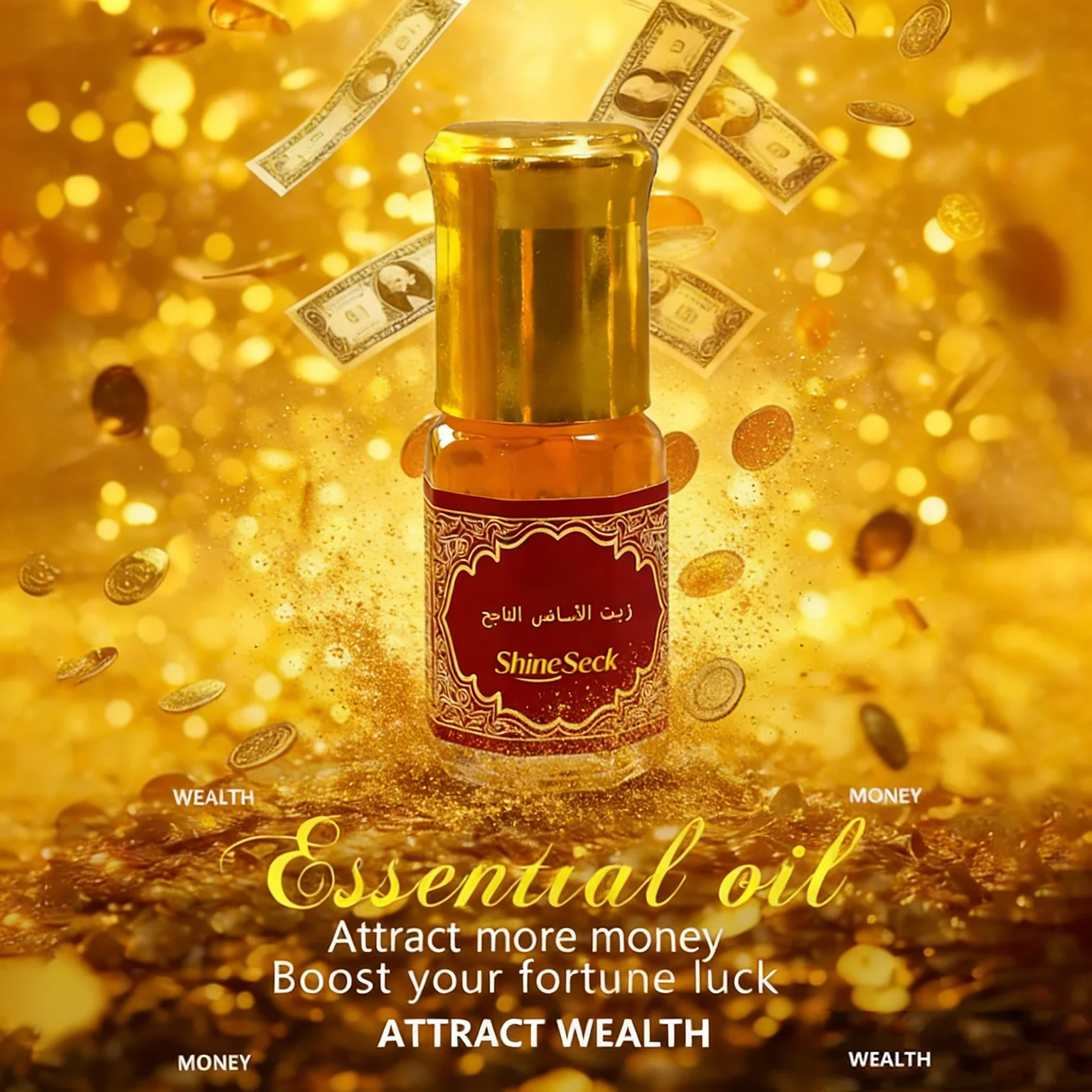 4ml Wealth-Attracting Golden Essential Oil Roller, Natural & Long-Lasting Fragrance. Boosts Good Luck, Easy to Apply. Perfect Un