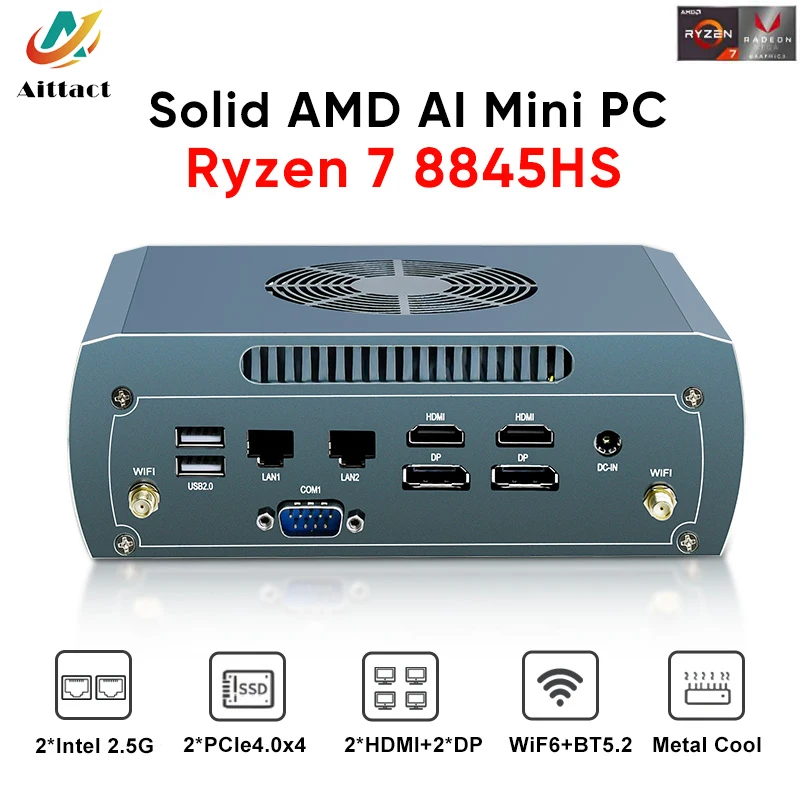 Aittact AI Gaming Mini PC AMD Ryzen 7 8845HS 2*Intel 2.5G 2*DDR5 2*NVME Firewall Router Computer Windows 11 4x8K WiFi6
