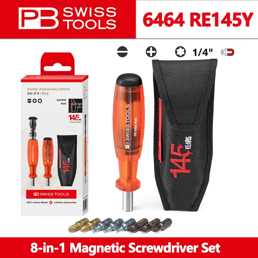 PB SWISS 6464 RE145Y 8-in-1 Magnetic Screwdriver Set with Interchangeable Bits & Bag, Bit Holder Screwdriver Anniversary Set