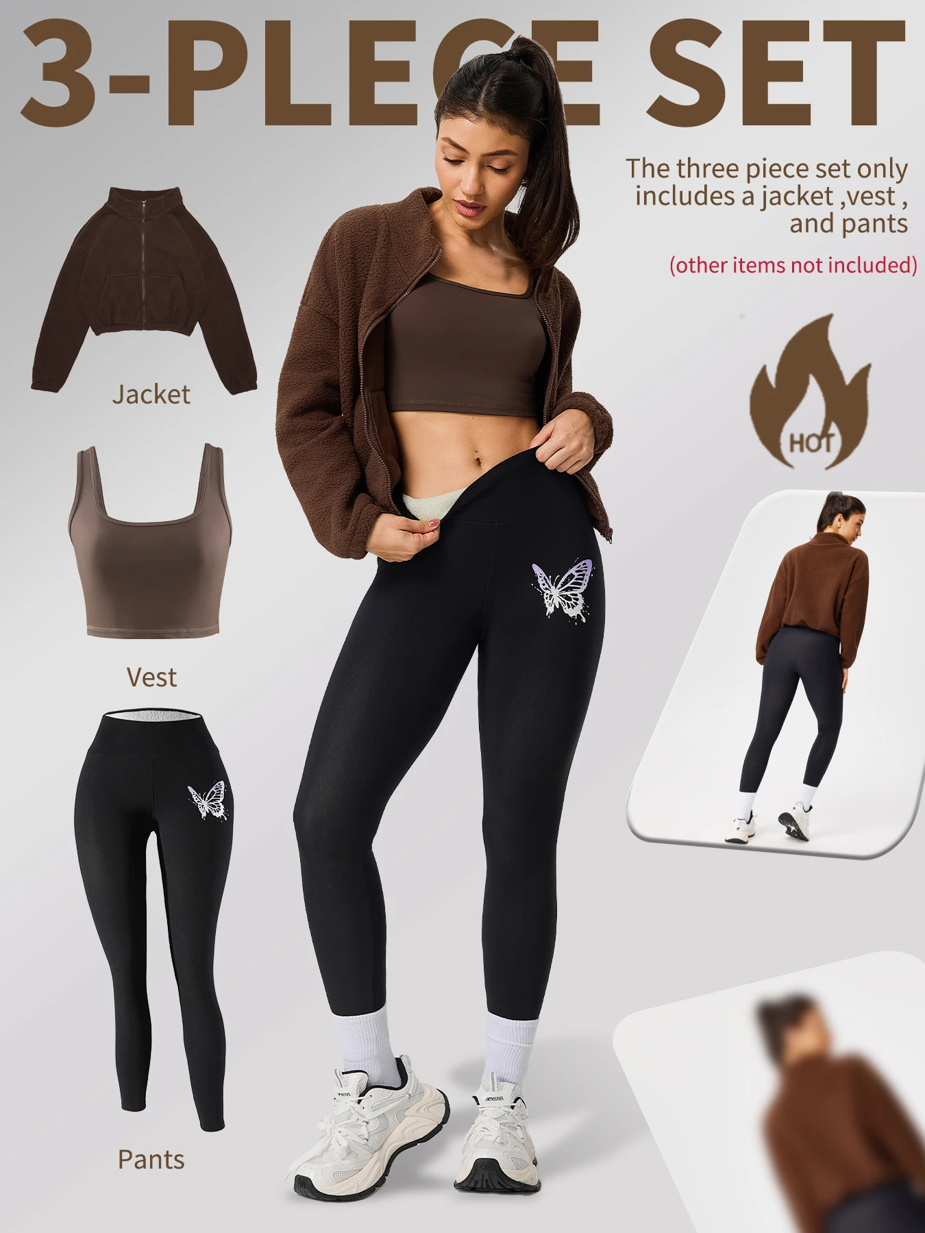 

New Solid Color Stretchy Yoga Pants with Fleece-Lined Half-Zip Hoodie Set, Autumn and Winter Sports Fitness Three-Piece Set (Excluding Accessories)