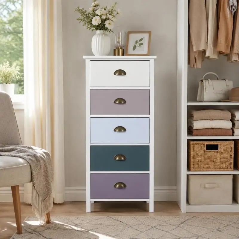 Commode à 5 tiroirs multicolores avec poignée en métal coquille MDF - dim. 45L x 30L x 95,4H cm