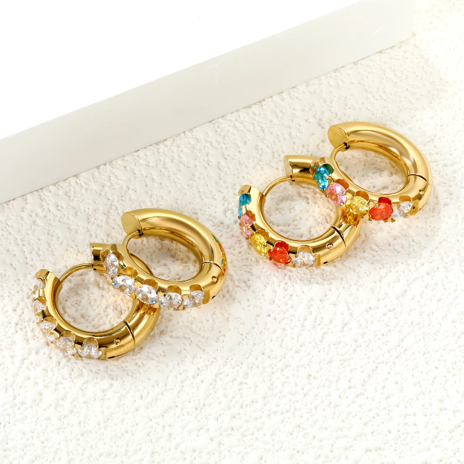 LUXUKISSKIDS Chunky Hoop Earrings Stainless Steel 18K Gold Plated Elegant Shiny Zirconia C Shape Thick Round aros Jewelry Female
