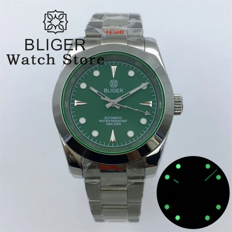 

BLIGER 36mm/39mm NH35 PT5000 Automatic Watch For Men Green Edge Polished Case Sapphire Glass Lightning Second hand Oyster strap