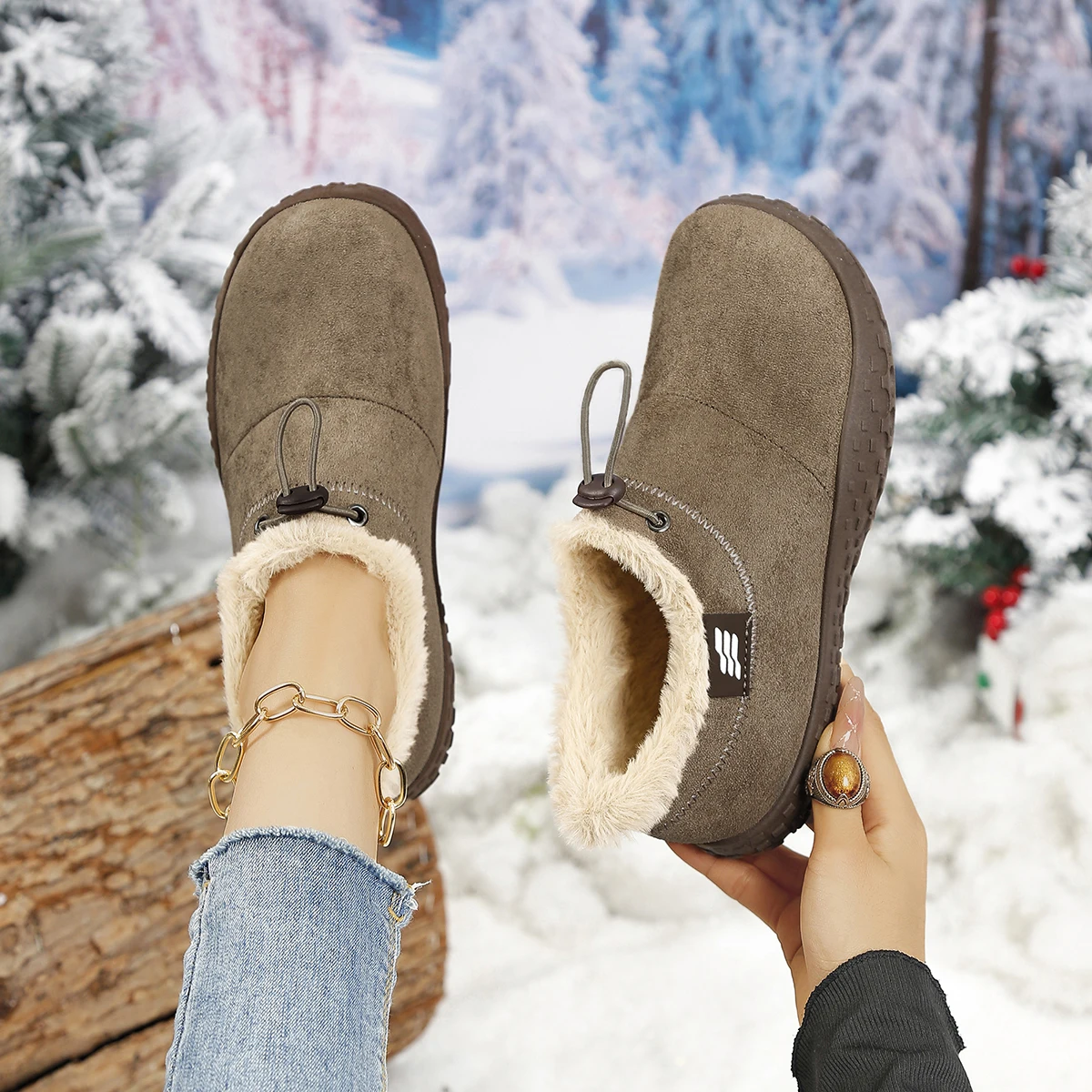 Women Winter Ankle Booties 2026 Trend Faux Suede Fleece Lined Drawstring Warm Non‑Slip Flat Casual Outdoor Cold‑Proof Booties