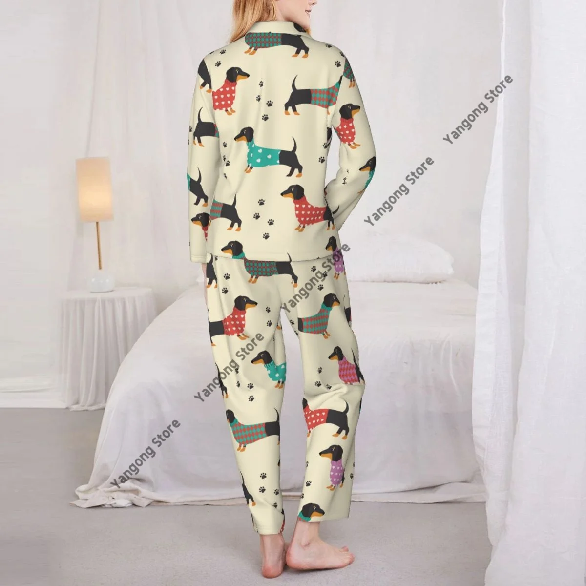 Women Sleepwear Loungewear Dachshunds In Clothes And Dog Prints Long Sleeve Lapel Neck Shirt and Elastic Waist Pants Pajamas Set