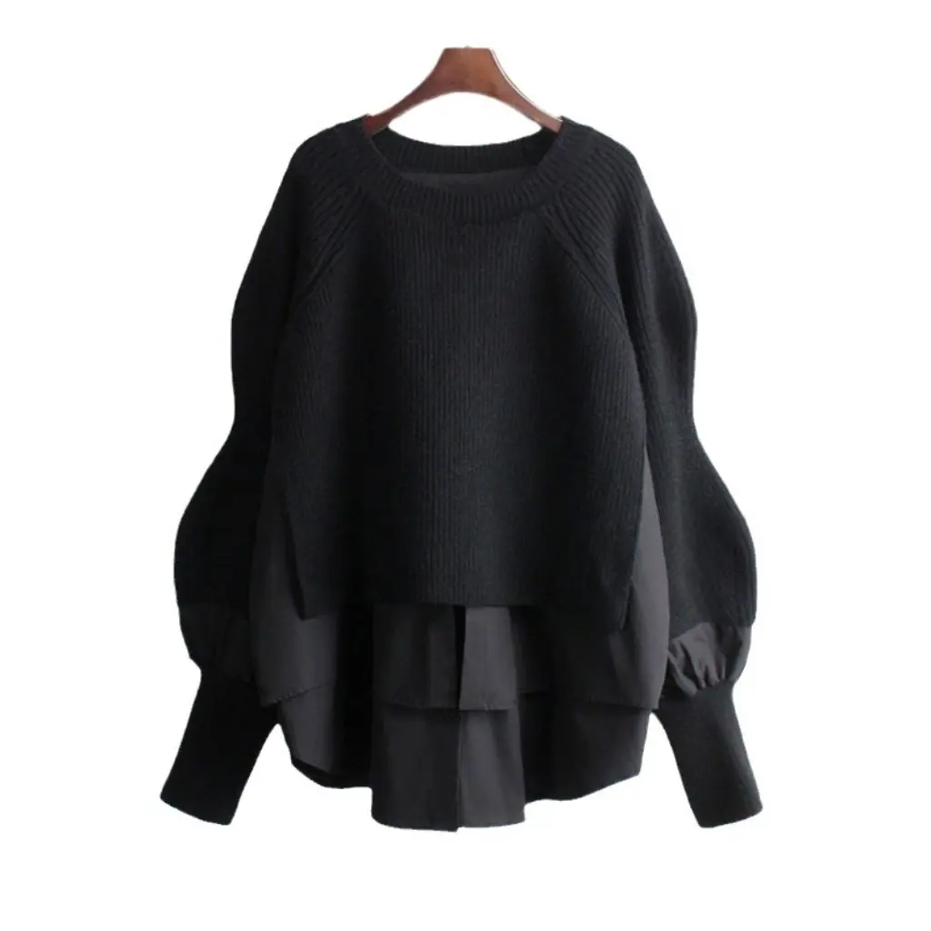 

Women's Autumn Winter Pullover Sweater Fake Two-Piece Loose Knitted Top with Lantern Sleeves Western Style All-Match Shirt