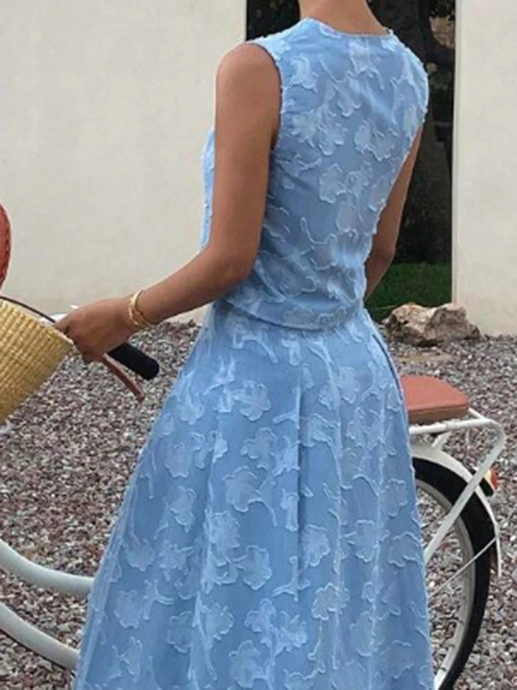 Elegant Lady Solid Color Jacquard Outfits Summer New Loose Beach Vacation 2 Piece Stylish V-neck Sleeveless Vest&Half Skirts Set