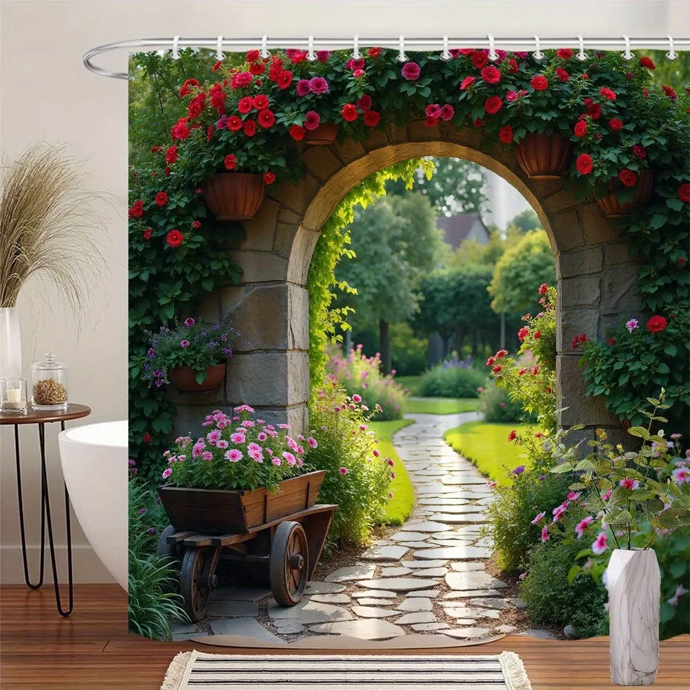 

Ярко-красные и фиолетовые цветы Занавеска для душа Моющаяся грязеотталкивающая насадка для душа Водонепроницаемая полиэстеровая занавеска для ванны