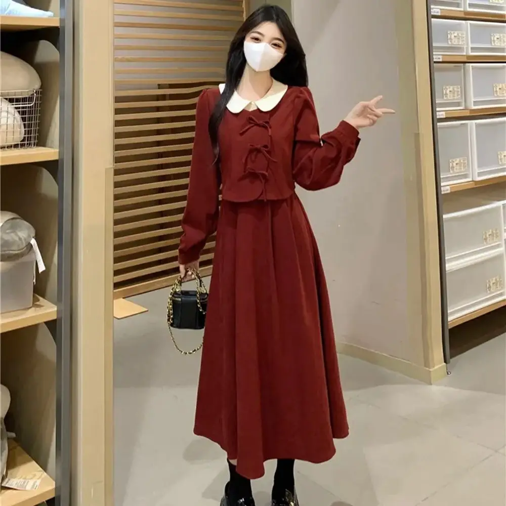 Plus Size 6XL 150kg Autumn Winter Women Long Dress Peter Pan Collar Oversized Loose Dress High Waist Women Maxi Dress