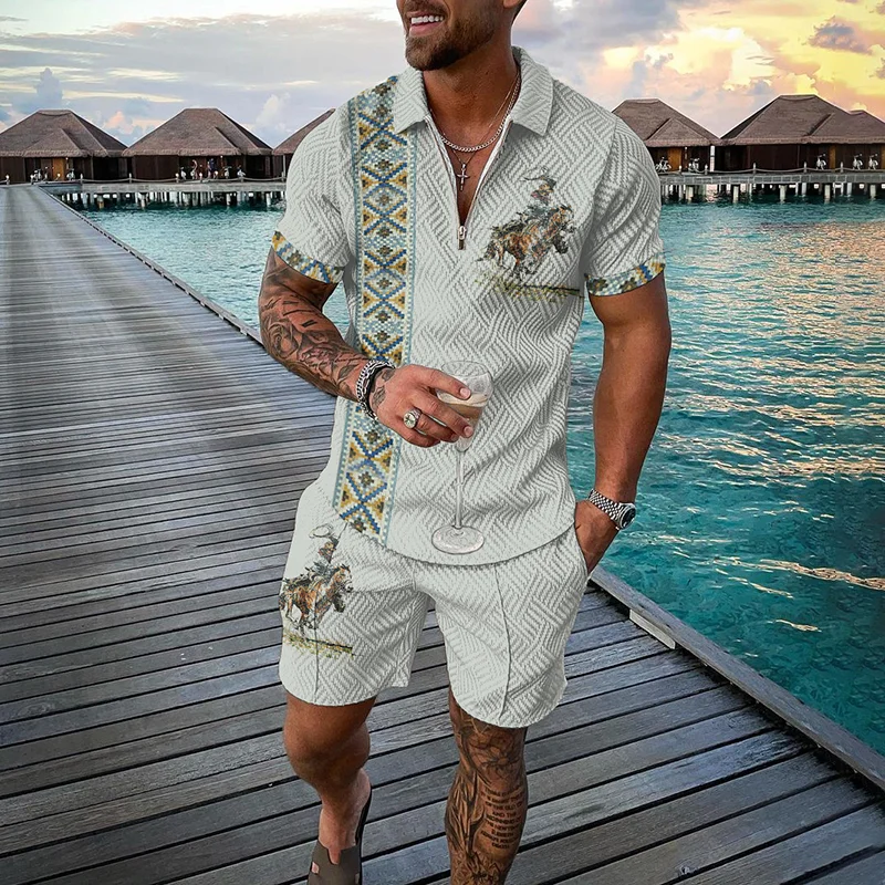 

Vintage Men's Suit Zipper Polo Shirt Shorts Pants 2 Piece Set Coconut Tree Animal 3D Print Casual Men Tracksuit Ropa Barata