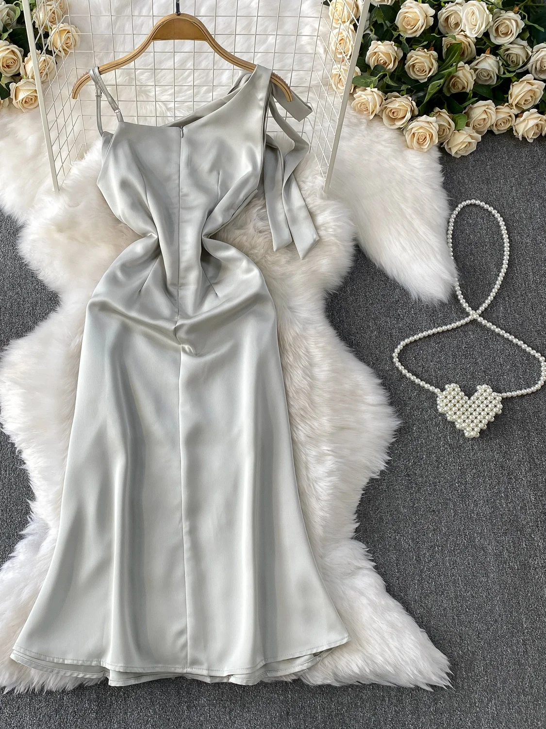 Ele Satin Wrap Dr with  Knot High Waist Slimming Long Skirt for Women Mid-Length A-Line Gown Korean Sle