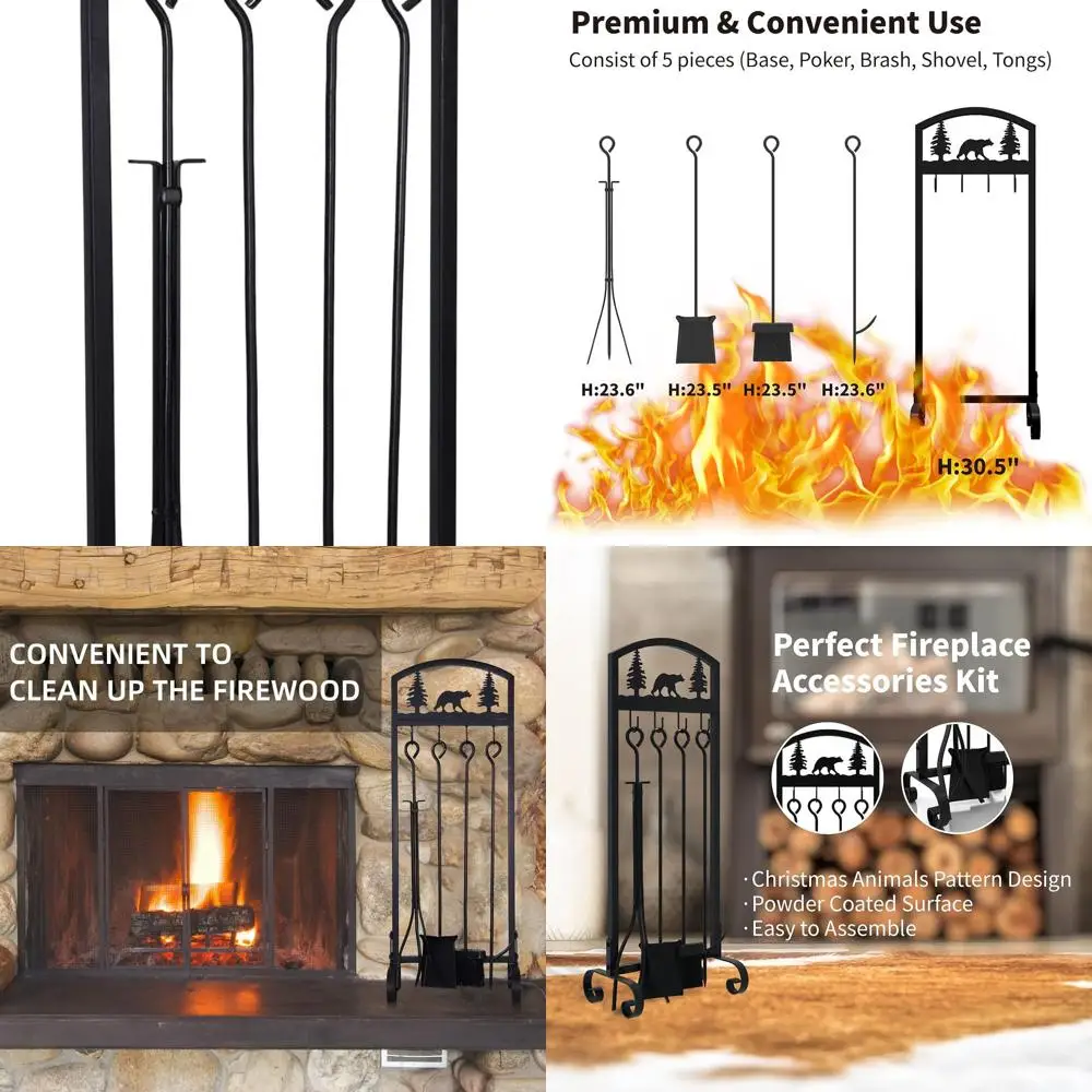 

30.5 Christmas Animal-Themed Fireplace Tool Set: 5-Piece Wrought Iron with Stand