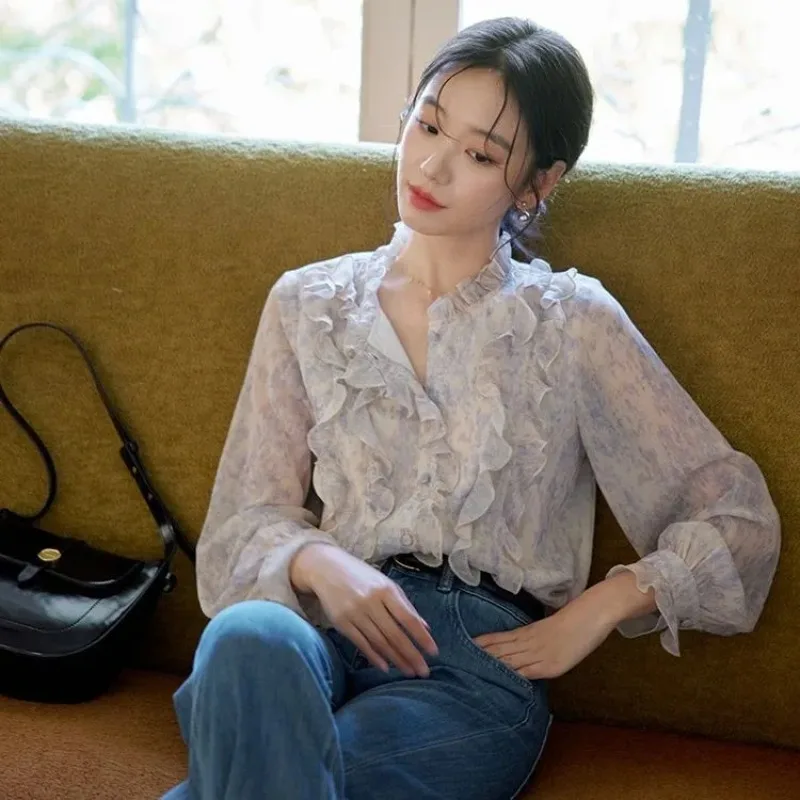 

Floral Ear Printed Shirt French Retro Long Sleeve Temperament New Floral Women