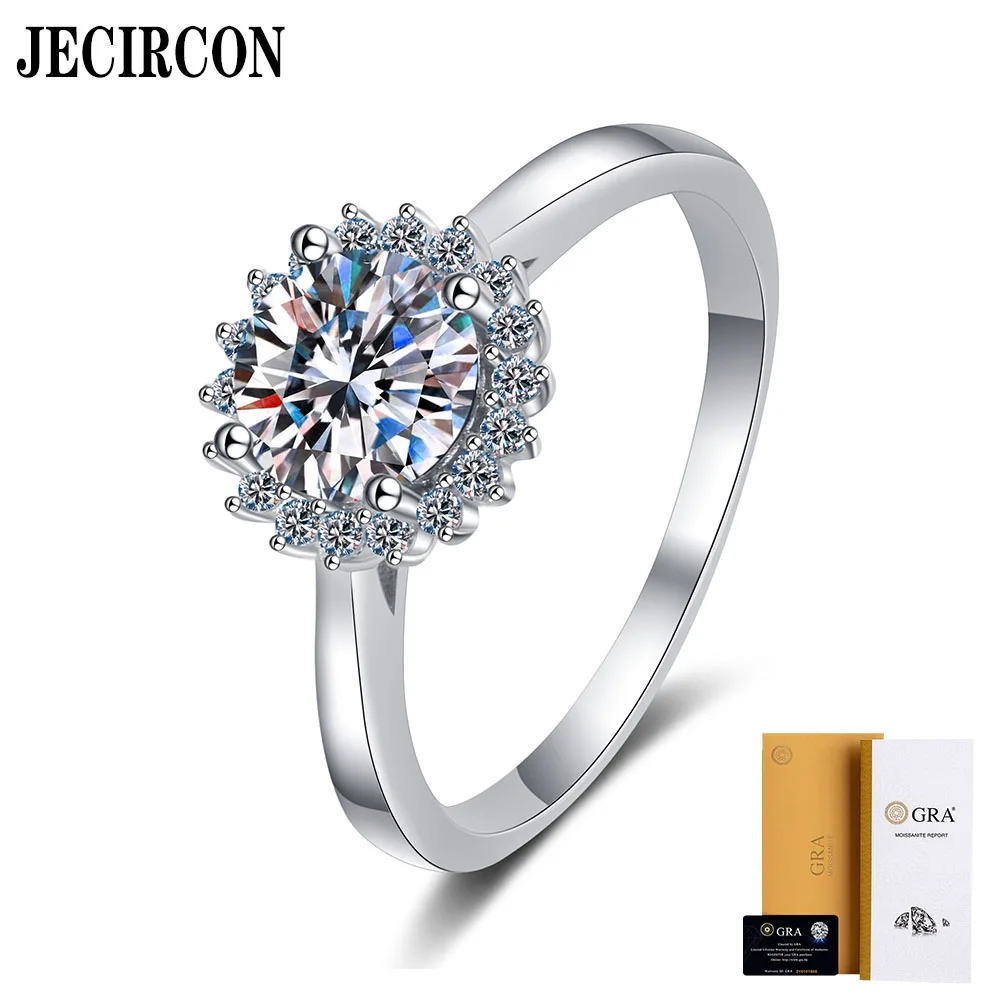 

JECIRCON S925 Sterling Silver Ring for Women Sparkling Sunflower 1ct Moissanite Plated PT950 Platinum Wedding Party Fine Jewelry