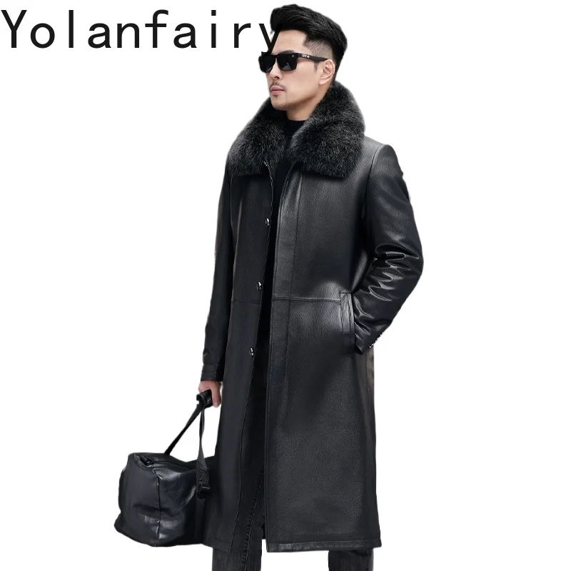 

YOLANFAIRY Мужская куртка из 100% натуральной коровьей кожи, зимняя роскошная куртка с подкладкой из норкового меха, мужские длинные теплые шубы, воротник из лисьего меха 2025