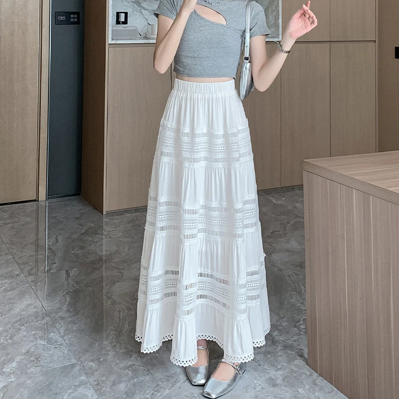 White Maxi Skirt Women 2024 Spring Summer Embroidery Flower Cut-out Semi Sheer Hollow Long Skirts For Women Lace Elegant Outfits