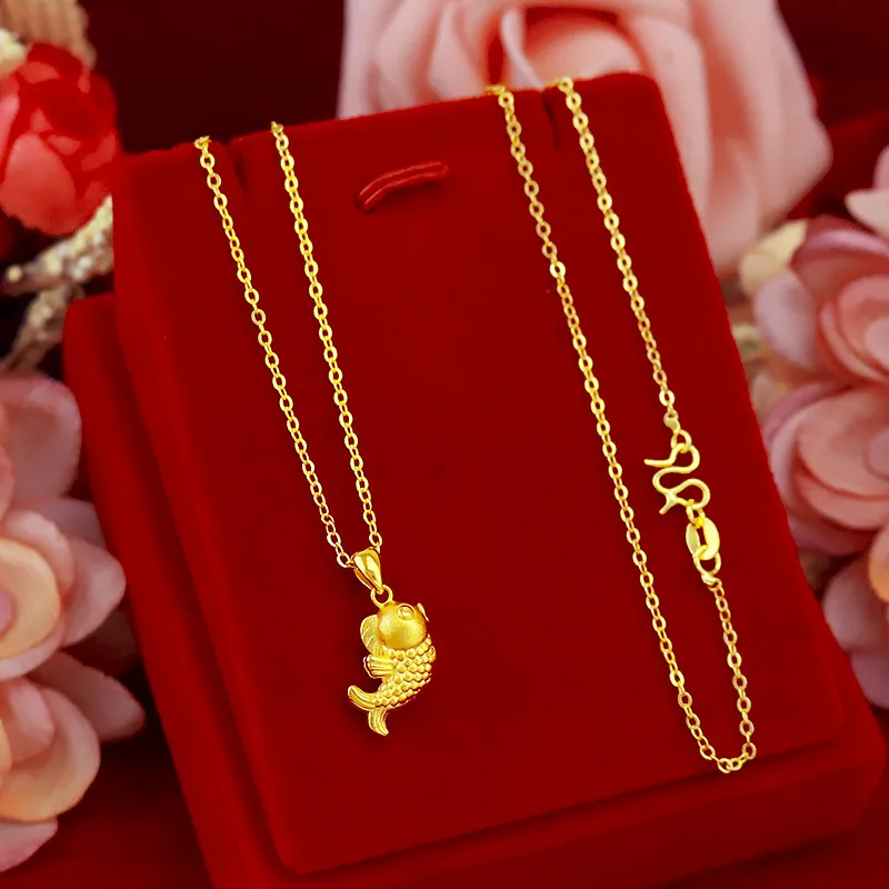 Korean Real 24K Gold Necklace Pendant for Women Gold Jewelry Lucky Fish Pendant Chain Necklace Choker Anniversary Birthday Gifts