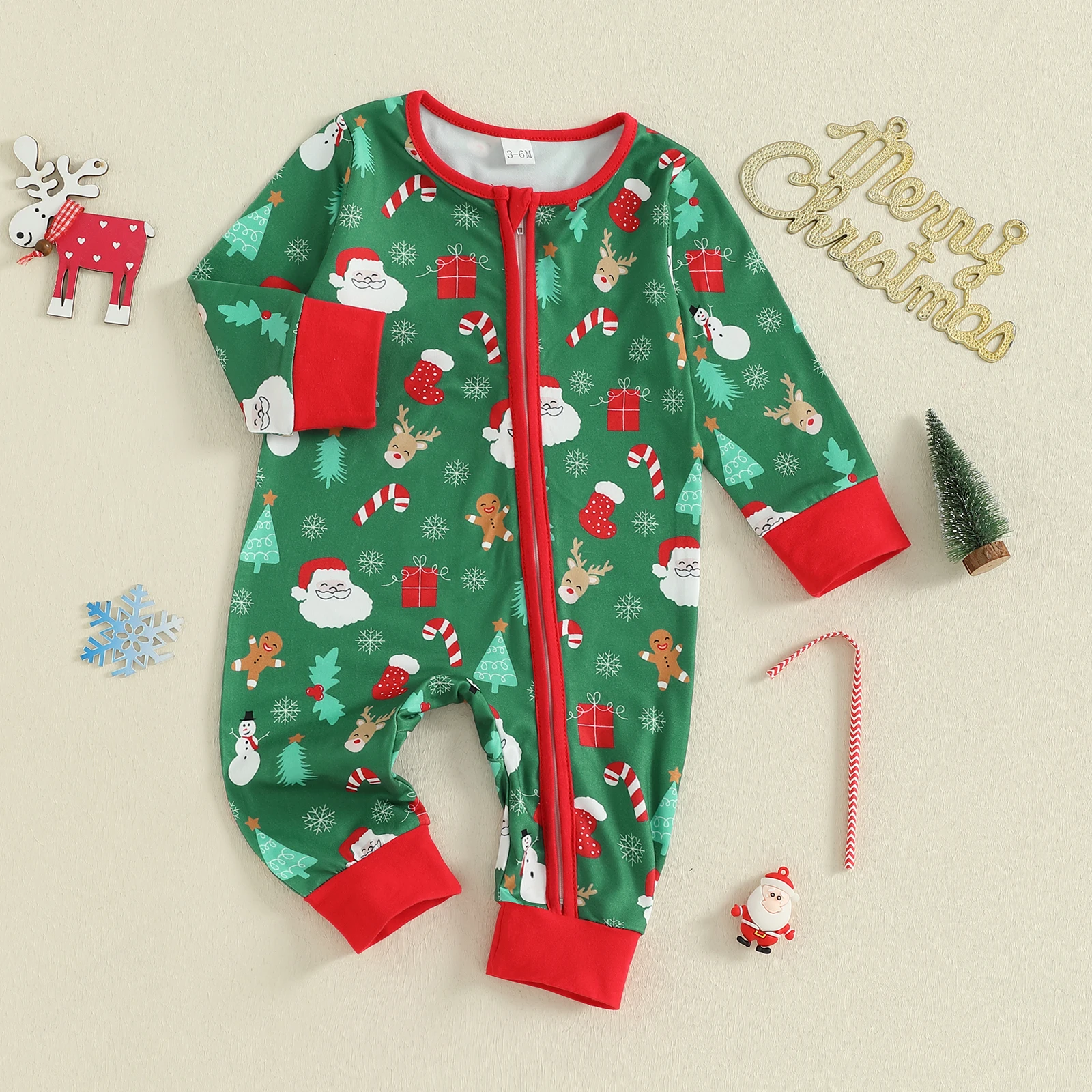 0-12 Months Baby Christmas Romper Reindeer Santa Print Zip Up Long Sleeve Round Neck Jumpsuit