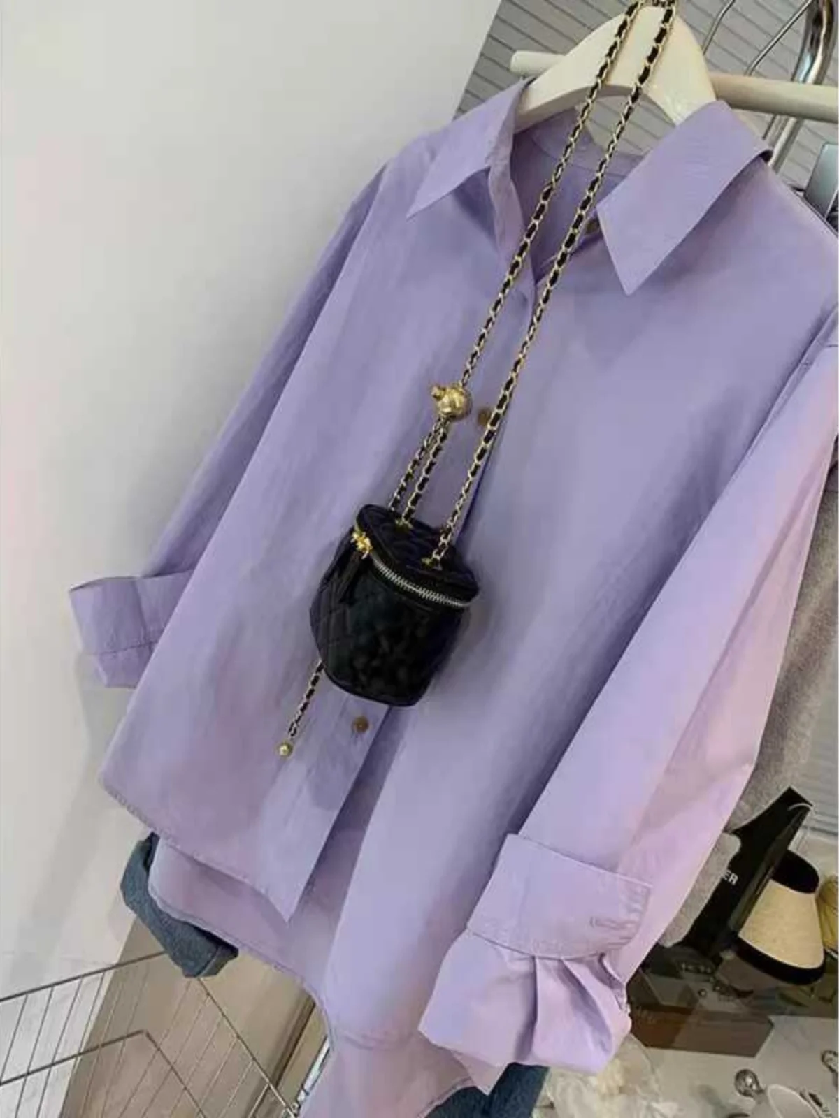 

Loose Long Sleeve Shirt Women's Chic Purple Spring Autumn New Style Hong Kong Flavor Salt Series Middling Length Lazy Style Top