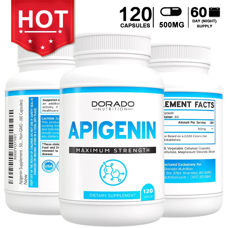 Maximum Strength Apigenin Supplement - 50mg Per Capsule (Potent Bioflavonoid Found In Chamomile Tea, Made and Tested In The USA