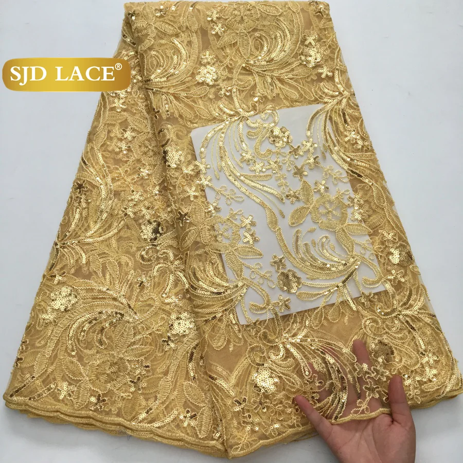 

SJD LACE Gold French Sequins Net Lace Fabric 2025 Latest Nigerian Tulle African Mesh Lace For Women Wedding Party Dress Sew 4236