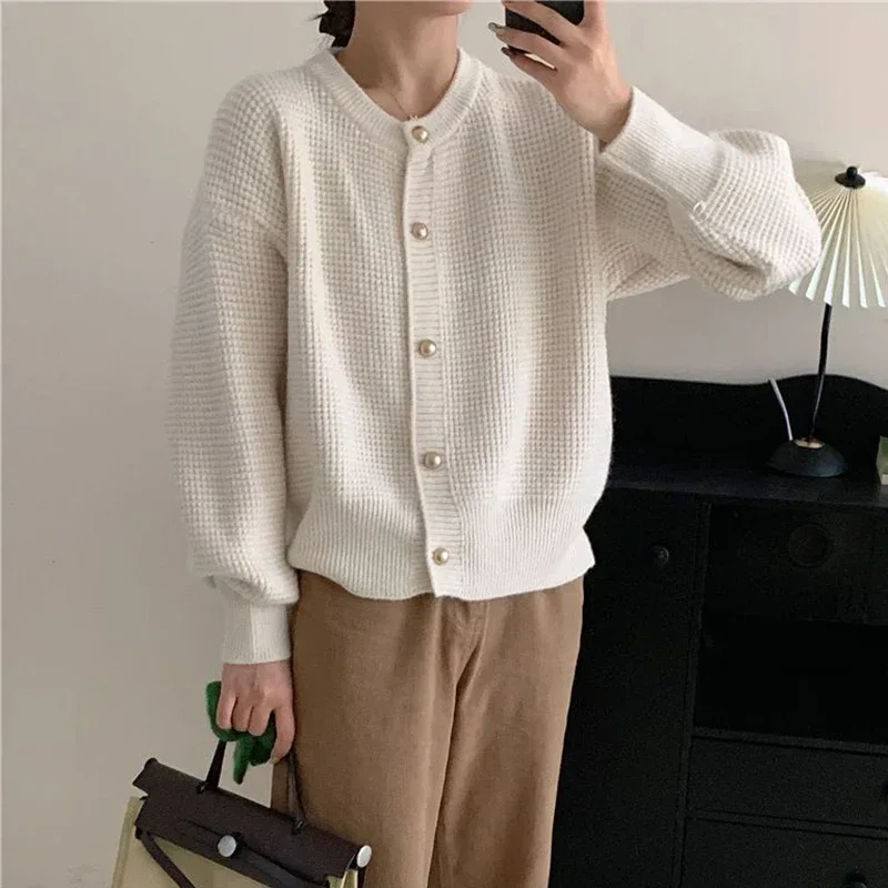 Casual Loose Hecks Knitted Cardigan Soft Comfort Versatile O-Neck Sweater Coat Woman Korean Fashion Solid Button-up Cardigans