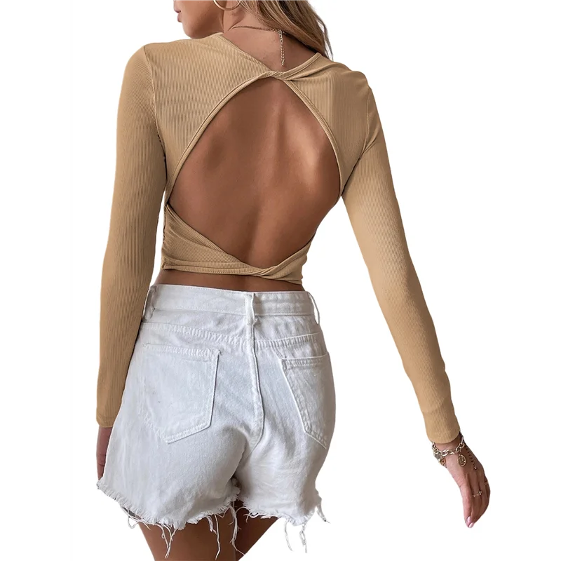 

A09P Women's Backless Long Sleeve Ribbed Knit Crop Top Slim Fit Crew Neck Twist Back Cut Out Fitted Shirt