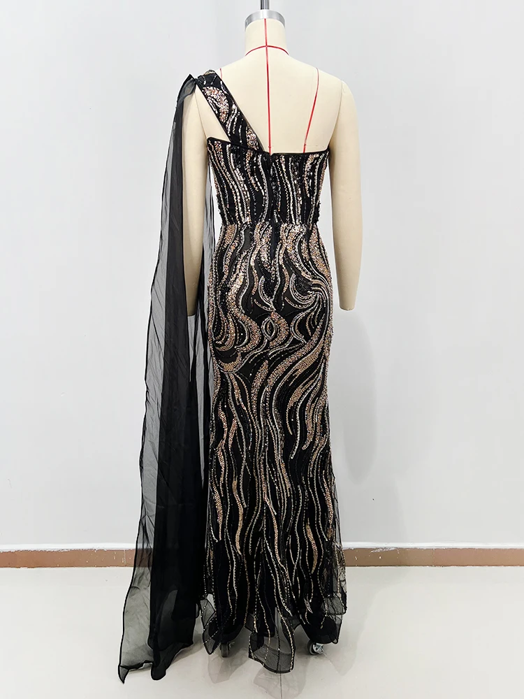 Czarne cekinowe sukienki maxi typu bodycon – elegancka suknia w stylu syreny na formalne okazje z złotymi detalami, luksusowa długa suknia koktajlowa i na studniówkę