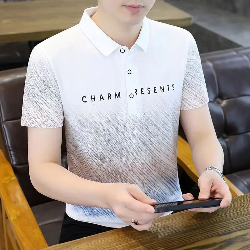 

Men's Fashion Slim Fit Short Sleeve Polo Shirt Light Breathable Turn-Down Collar Printed T-Shirt Casual Summer Top