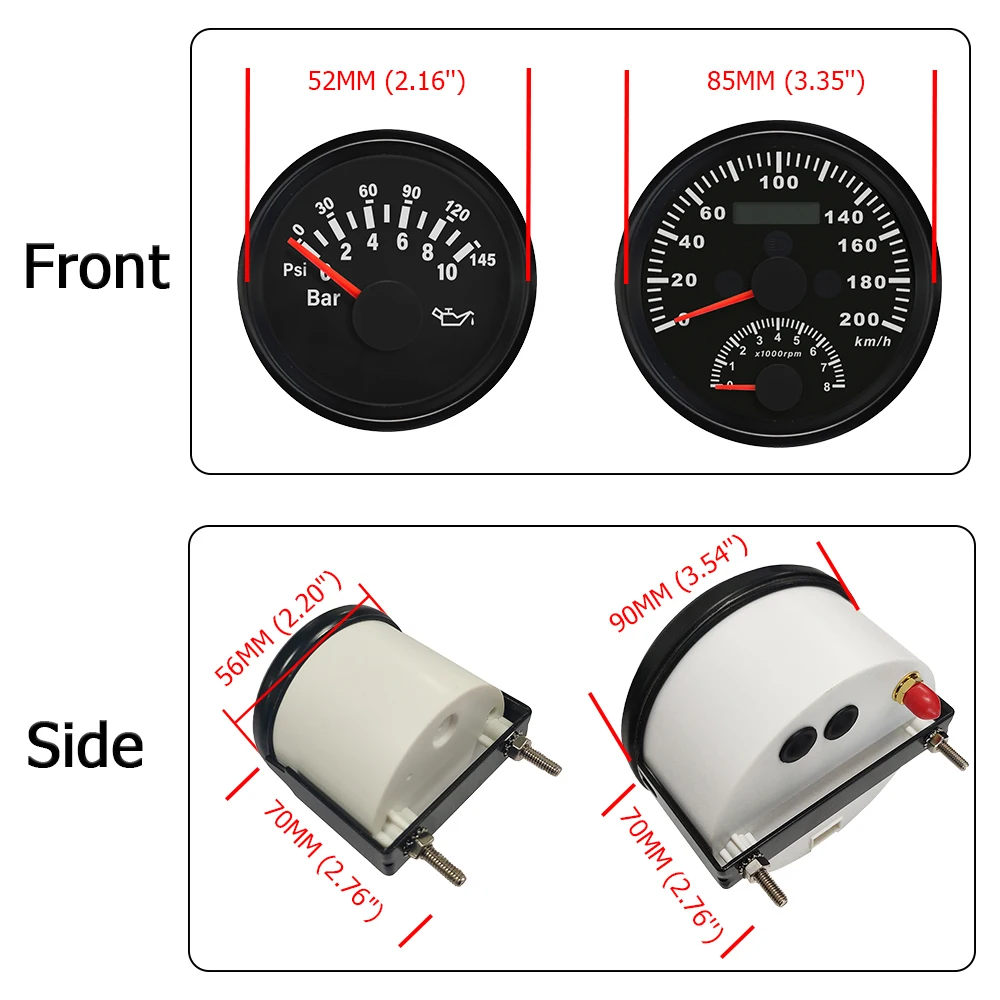 ELING 5 Gauge Set 85mm 0-8000RPM Tachometer GPS Speedometer +52mm Water Temp 10Bar Oil Pressure Fuel Level Meter 8-16V Voltmeter