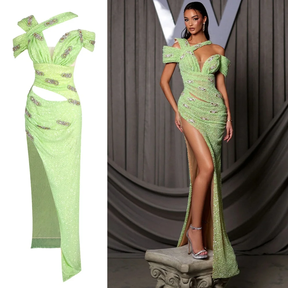 Vestido de novia de noche sexy con cuentas verdes para mujer – Vestido de fiesta con hombros descubiertos y abertura alta