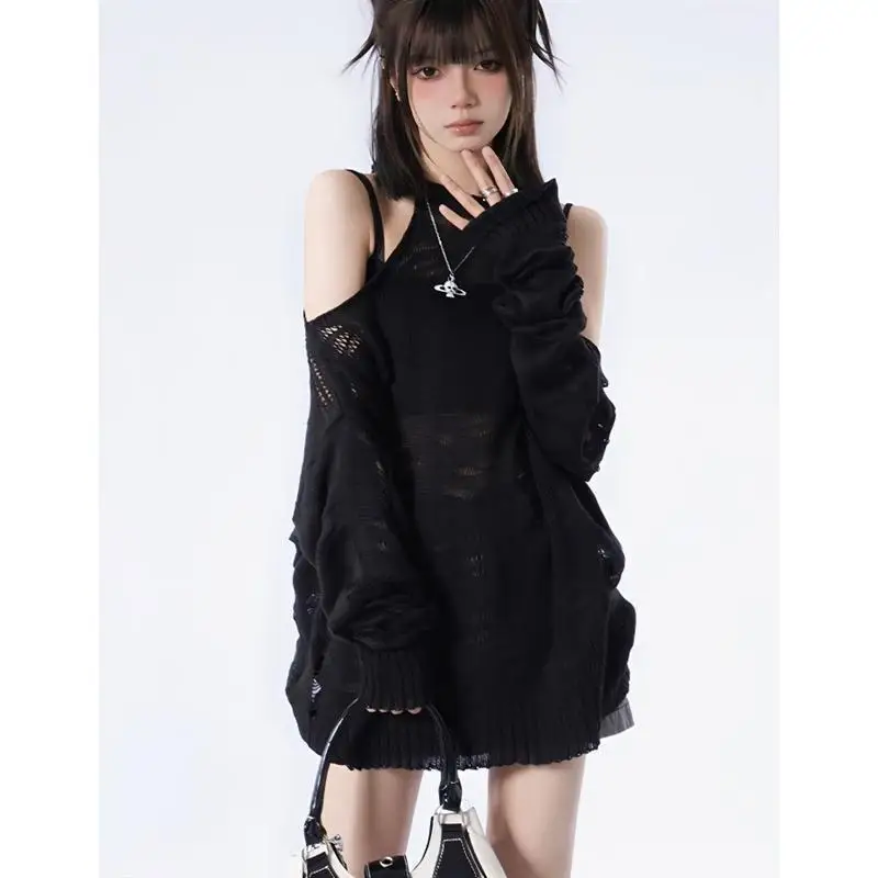 Grunge Gothic Y2k Spring Summer Knitted Pullover Off-shoulder Hollow Out Women Sweater Design Tops Black White Coats Streetwear
