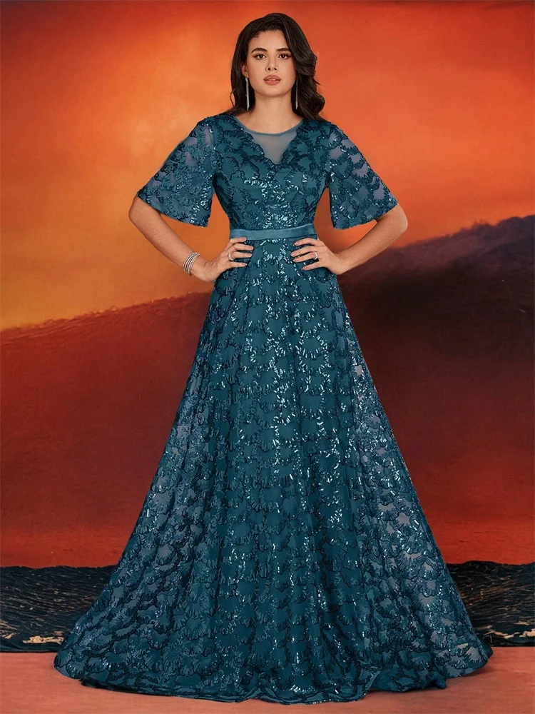 

XUIBOL Luxury Blue O-Neck Evening Dress elegant Women Sequins Wedding Party Short Sleeve Prom Floor Lenght Cocktail Dress Gnows